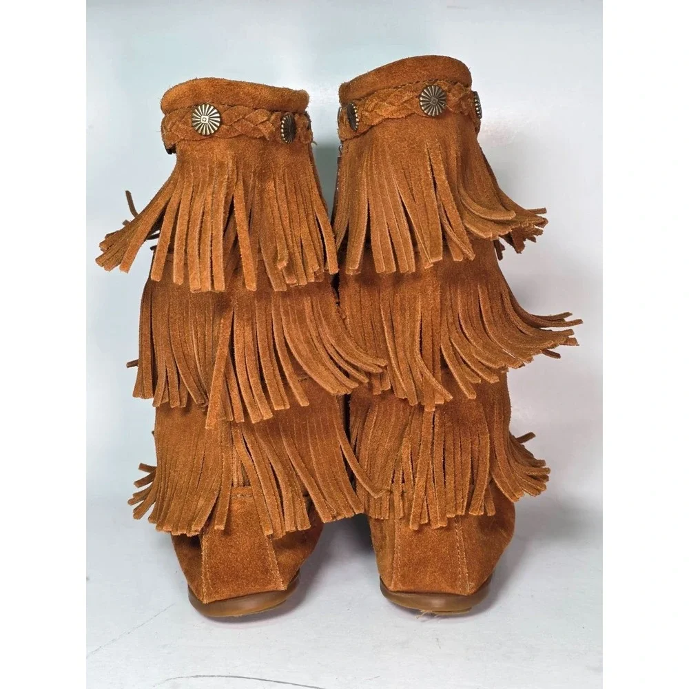 Minnetonka Three Layer Fringe Boots Girls Size 1 Brown Suede Mid Calf Western